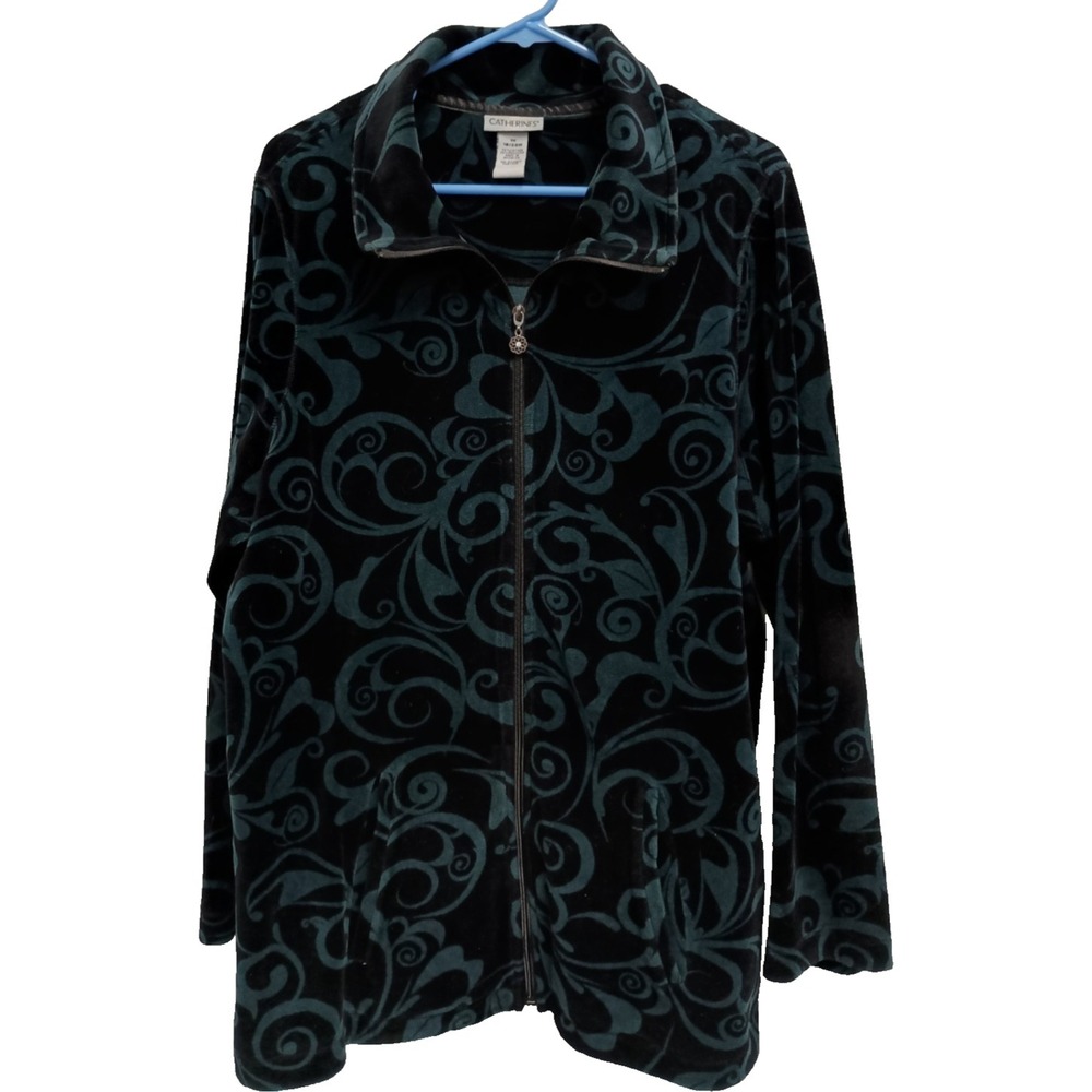 Y2K Catherines BOHO Jacket Womens Size 1X Teal Velvet Paisley‎ Full Zip Outdoor